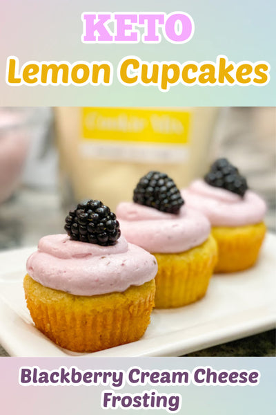 Keto Candy Girl Lemon Cupcakes with Blackberry Cream Cheese Frosting