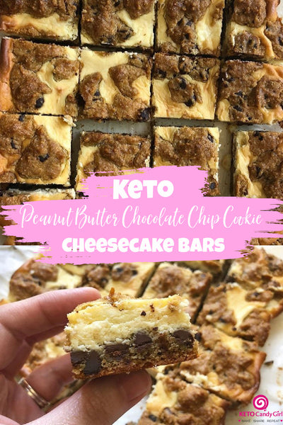 Keto Peanut Butter Chocolate Chip Cookie Cheesecake Bars